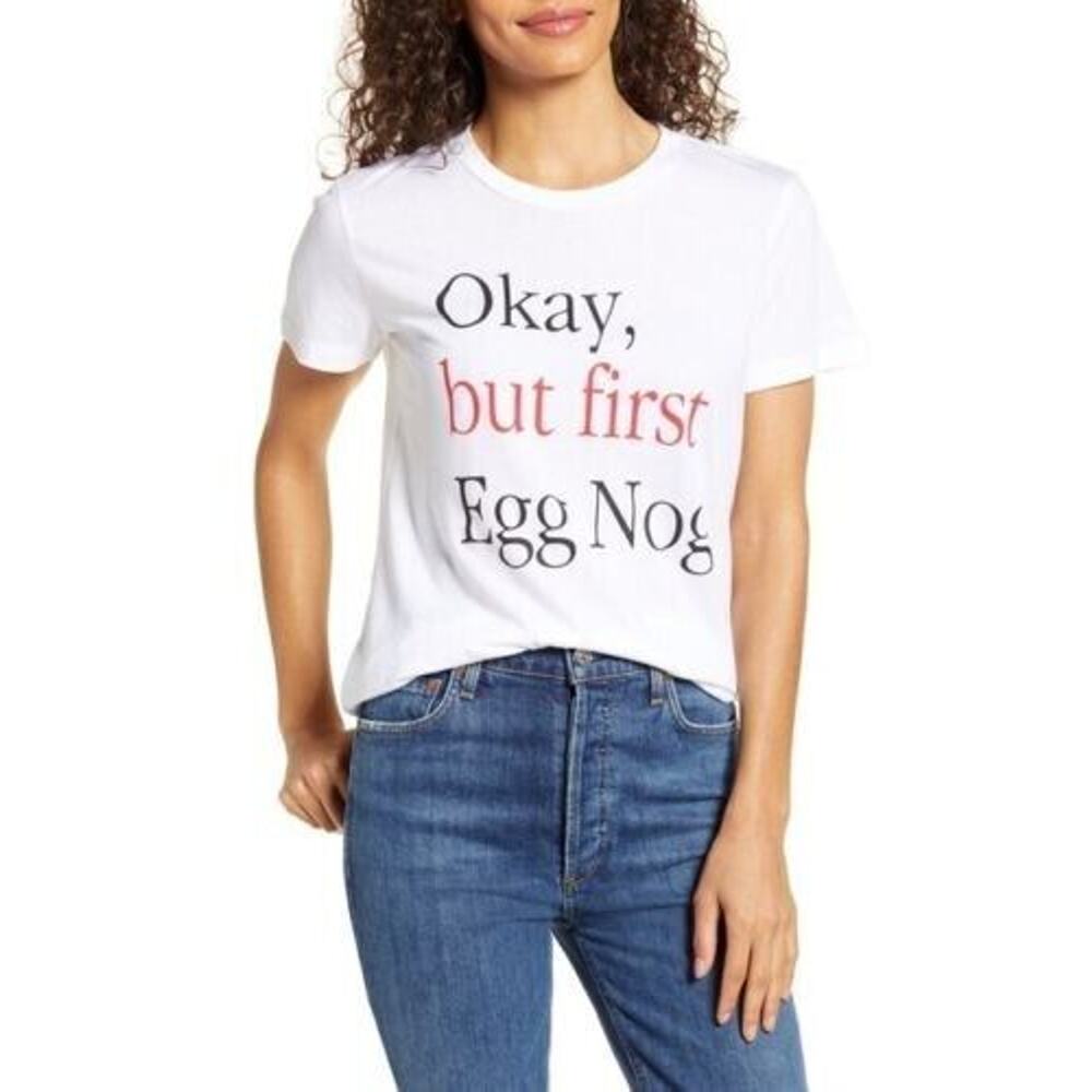 1901 Women's EggNog Graphic Short Sleeve Crew T-shirt in White X-Small MSRP $35